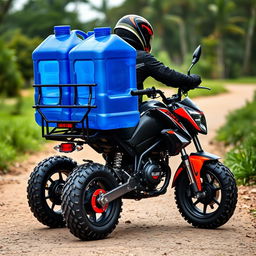A mini bike designed for a single rider, equipped with a powerful four-wheeled motorcycle-style engine for enhanced stability and performance