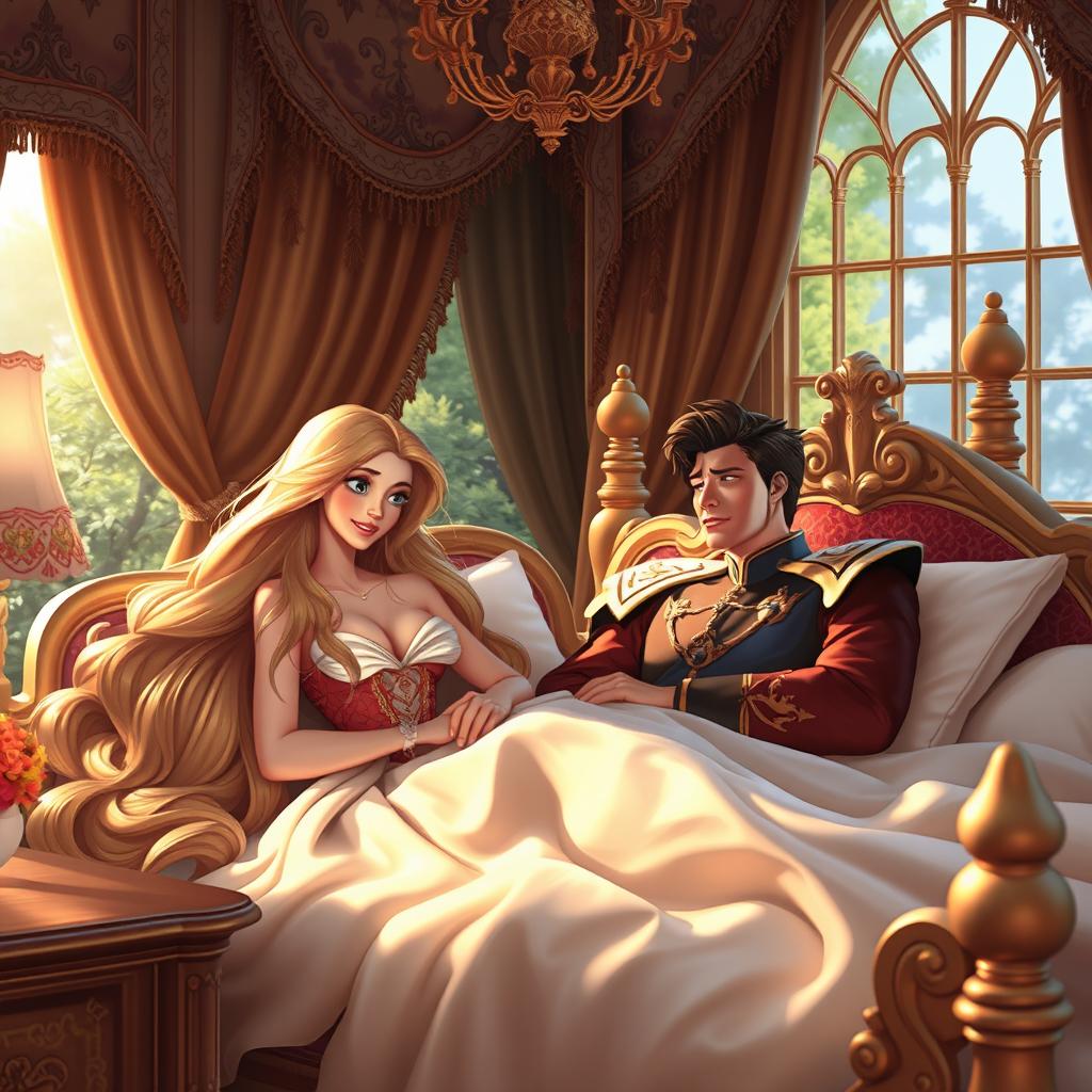 A beautiful princess with long, flowing hair waking up in her elegantly decorated royal bed, surprised to find a handsome prince sleeping beside her instead of the usual frog