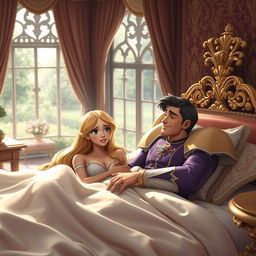 A beautiful princess with long, flowing hair waking up in her elegantly decorated royal bed, surprised to find a handsome prince sleeping beside her instead of the usual frog