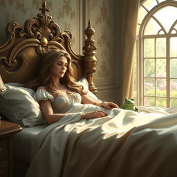 A beautiful princess with long, flowing hair waking up in her elegantly decorated royal bed, surprised to find a handsome prince sleeping beside her instead of the usual frog