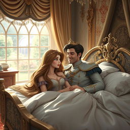 A beautiful princess with long, flowing hair waking up in her elegantly decorated royal bed, surprised to find a handsome prince sleeping beside her instead of the usual frog