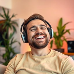 A joyful man with a big smile, enjoying his favorite music, wearing stylish headphones