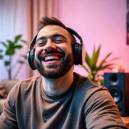 A joyful man with a big smile, enjoying his favorite music, wearing stylish headphones