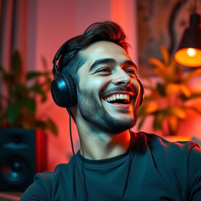 A joyful man with a big smile, enjoying his favorite music, wearing stylish headphones