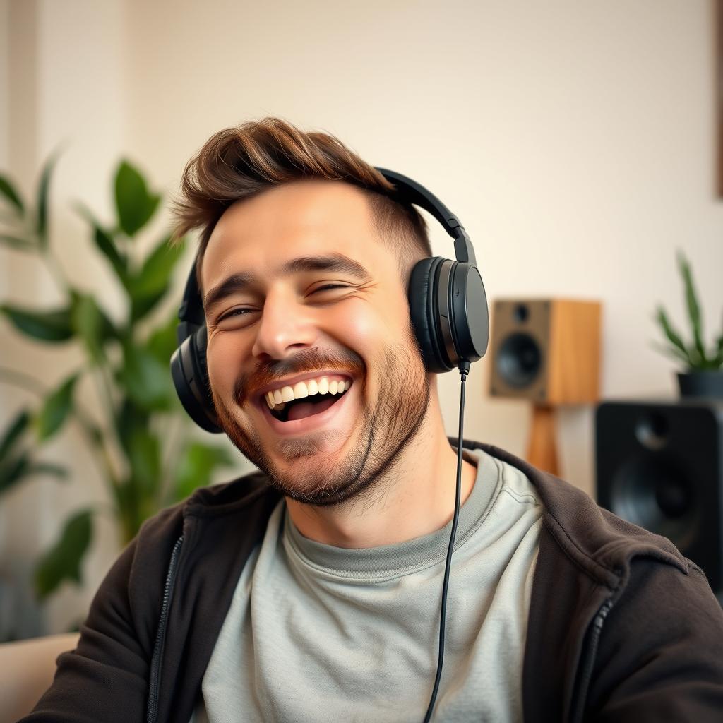 A joyful man with a big smile, enjoying his favorite music, wearing stylish headphones