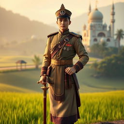 A soldier character inspired by traditional Indonesian Santri culture, adorned in a beautifully detailed military uniform that incorporates elements of traditional clothing, such as a sarong and a peci hat