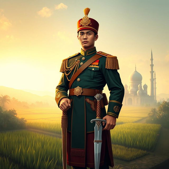 A soldier character inspired by traditional Indonesian Santri culture, adorned in a beautifully detailed military uniform that incorporates elements of traditional clothing, such as a sarong and a peci hat