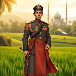 A soldier character inspired by traditional Indonesian Santri culture, adorned in a beautifully detailed military uniform that incorporates elements of traditional clothing, such as a sarong and a peci hat