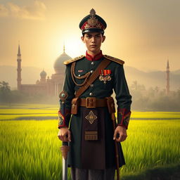 A soldier character inspired by traditional Indonesian Santri culture, adorned in a beautifully detailed military uniform that incorporates elements of traditional clothing, such as a sarong and a peci hat