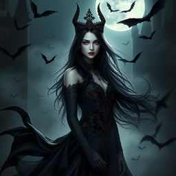 A mystical portrait of Nitara, the queen of vampires, featuring her adorned in an elegant, flowing black gown with intricate red and silver embroidery