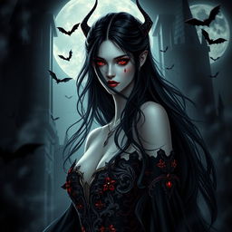 A mystical portrait of Nitara, the queen of vampires, featuring her adorned in an elegant, flowing black gown with intricate red and silver embroidery