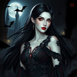 A mystical portrait of Nitara, the queen of vampires, featuring her adorned in an elegant, flowing black gown with intricate red and silver embroidery