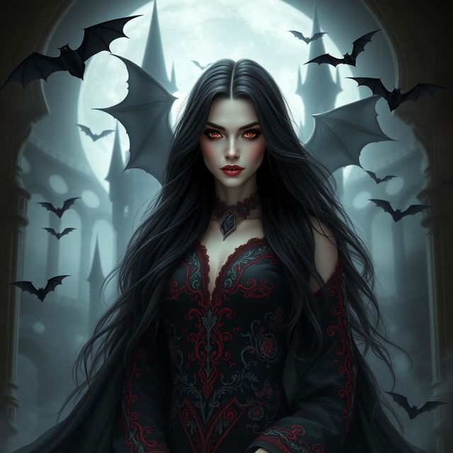 A mystical portrait of Nitara, the queen of vampires, featuring her adorned in an elegant, flowing black gown with intricate red and silver embroidery