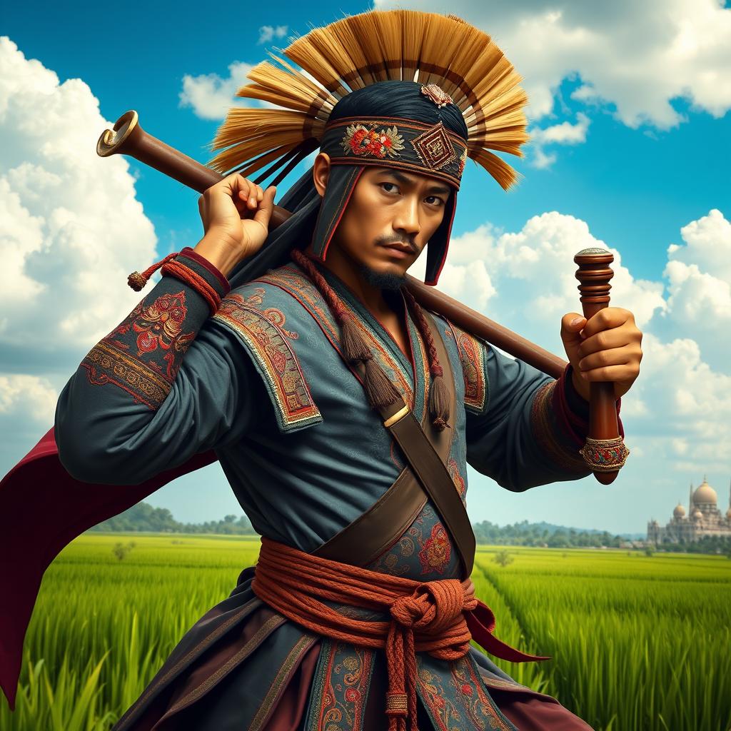 A skilled warrior character inspired by traditional Indonesian Santri culture, wearing a distinctive headband (imamah) adorned with traditional designs