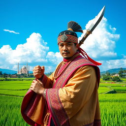 A skilled warrior character inspired by traditional Indonesian Santri culture, wearing a distinctive headband (imamah) adorned with traditional designs