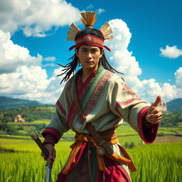 A skilled warrior character inspired by traditional Indonesian Santri culture, wearing a distinctive headband (imamah) adorned with traditional designs