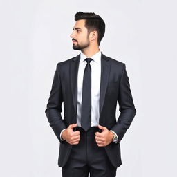 A solo profile picture of a well-dressed man in a formal suit, standing confidently with his hands placed naturally at his sides