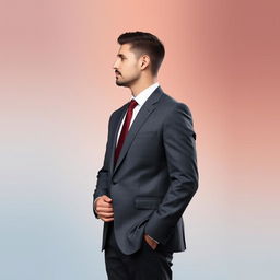 A solo profile picture of a well-dressed man in a formal suit, standing confidently with his hands placed naturally at his sides