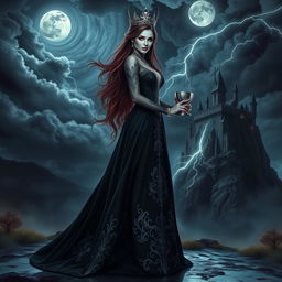 A strikingly beautiful dark queen, Nitara, the vampire queen, stands majestically against a stormy night sky filled with swirling dark clouds