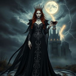 A strikingly beautiful dark queen, Nitara, the vampire queen, stands majestically against a stormy night sky filled with swirling dark clouds