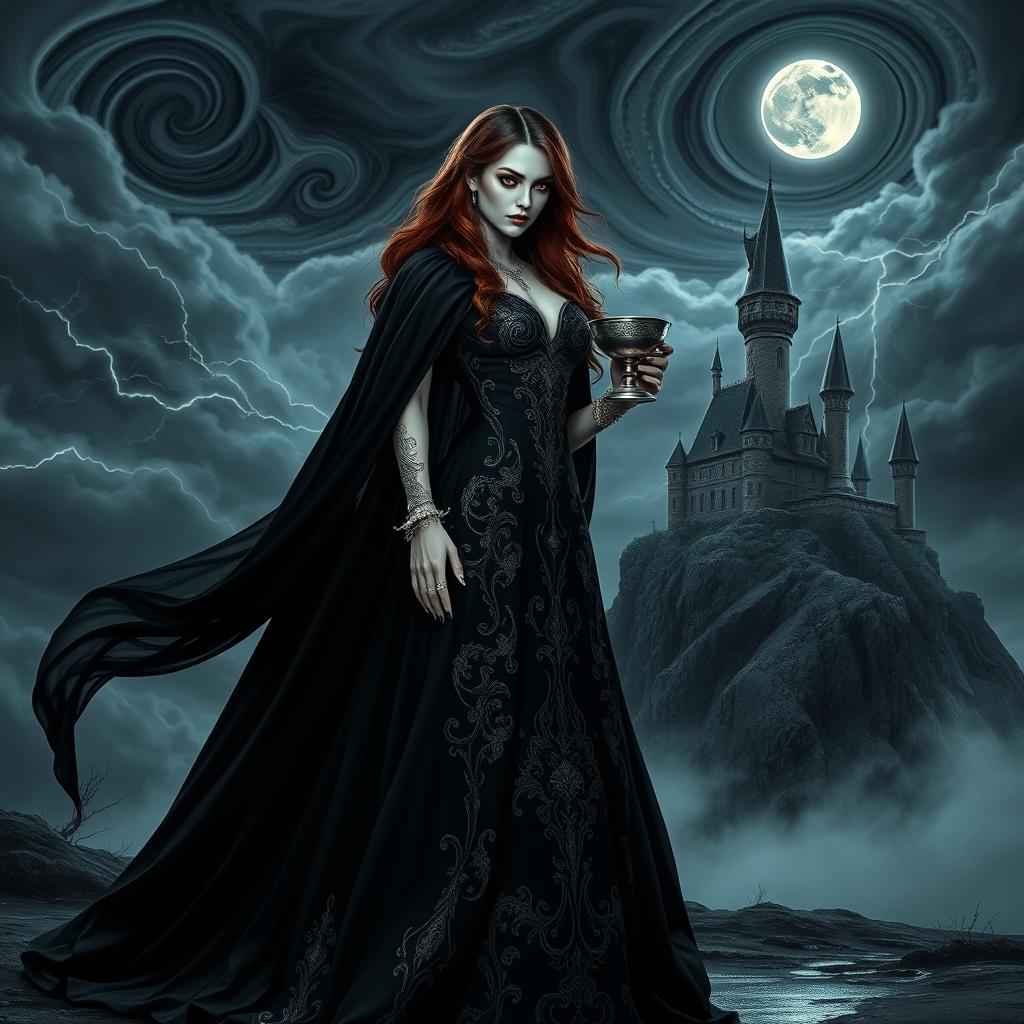 A strikingly beautiful dark queen, Nitara, the vampire queen, stands majestically against a stormy night sky filled with swirling dark clouds