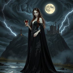 A strikingly beautiful dark queen, Nitara, the vampire queen, stands majestically against a stormy night sky filled with swirling dark clouds
