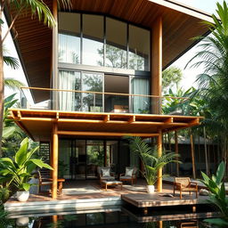 A modern two-story bamboo house, featuring a sleek architectural design that harmonizes with nature