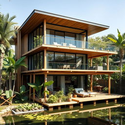 A modern two-story bamboo house, featuring a sleek architectural design that harmonizes with nature