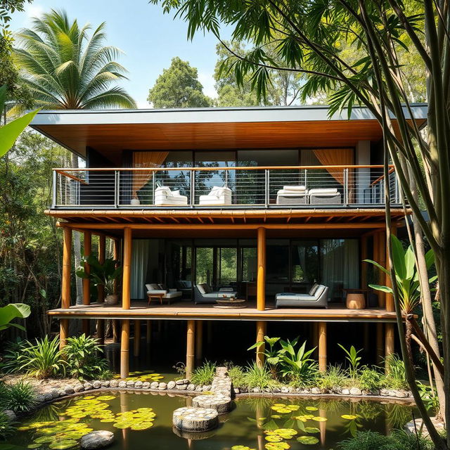 A modern two-story bamboo house, featuring a sleek architectural design that harmonizes with nature