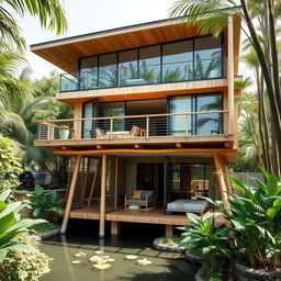 A modern two-story bamboo house, featuring a sleek architectural design that harmonizes with nature