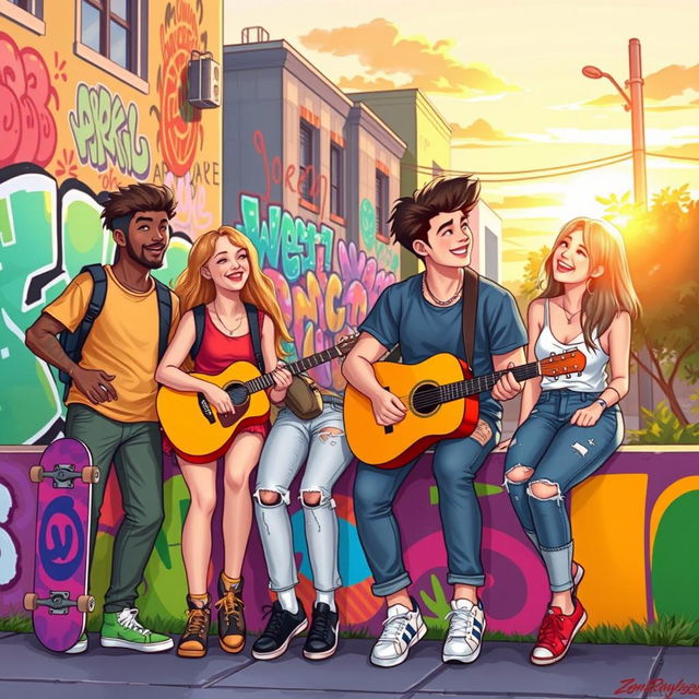 An illustration of a group of young friends hanging out in an urban setting, with vibrant street art in the background