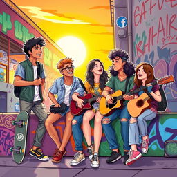 An illustration of a group of young friends hanging out in an urban setting, with vibrant street art in the background