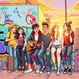 An illustration of a group of young friends hanging out in an urban setting, with vibrant street art in the background