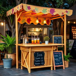 A bamboo table designed for selling ice or coffee, showcasing a rustic and inviting style