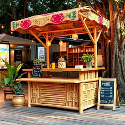 A bamboo table designed for selling ice or coffee, showcasing a rustic and inviting style