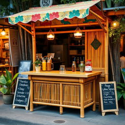 A bamboo table designed for selling ice or coffee, showcasing a rustic and inviting style
