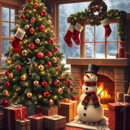 A warm and cozy Christmas scene featuring a beautifully decorated Christmas tree with sparkling lights and colorful ornaments, surrounded by presents wrapped in festive paper
