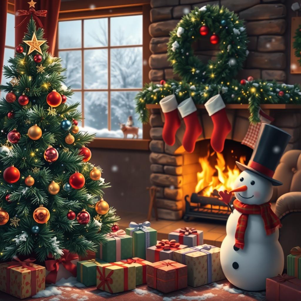 A warm and cozy Christmas scene featuring a beautifully decorated Christmas tree with sparkling lights and colorful ornaments, surrounded by presents wrapped in festive paper