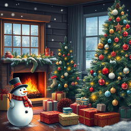 A warm and cozy Christmas scene featuring a beautifully decorated Christmas tree with sparkling lights and colorful ornaments, surrounded by presents wrapped in festive paper
