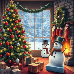 A warm and cozy Christmas scene featuring a beautifully decorated Christmas tree with sparkling lights and colorful ornaments, surrounded by presents wrapped in festive paper