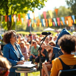 An inspiring scene of a public speech taking place at a vibrant, outdoor setting