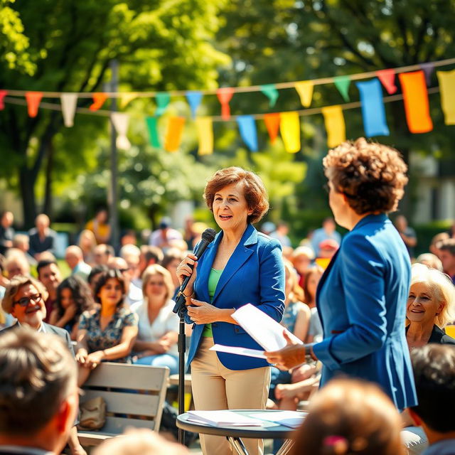 An inspiring scene of a public speech taking place at a vibrant, outdoor setting