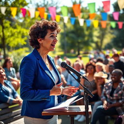 An inspiring scene of a public speech taking place at a vibrant, outdoor setting