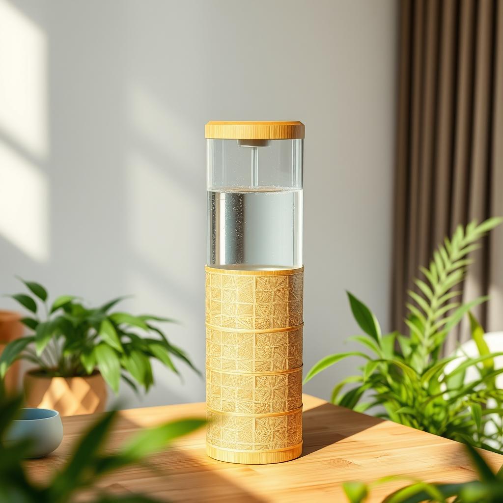 A beautifully crafted bamboo water dispenser, standing elegantly in a serene environment