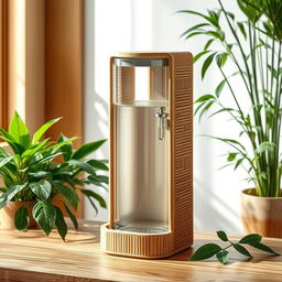 A beautifully crafted bamboo water dispenser, standing elegantly in a serene environment