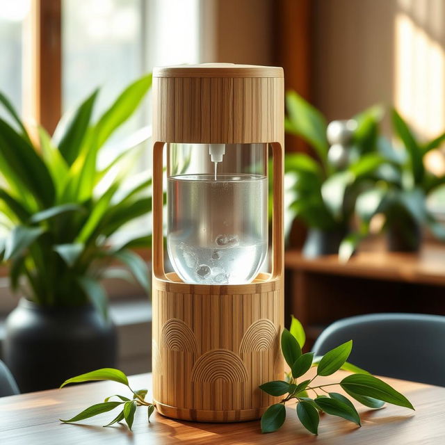 A beautifully crafted bamboo water dispenser, standing elegantly in a serene environment