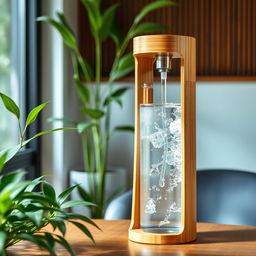 A beautifully crafted bamboo water dispenser, standing elegantly in a serene environment
