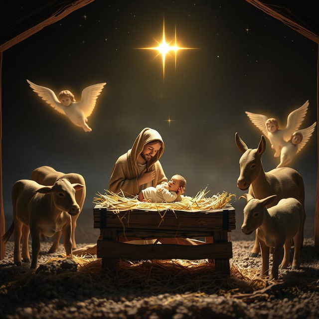 A serene nativity scene depicting the birth of Jesus, set in a rustic manger surrounded by soft, glowing light