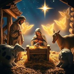 A serene nativity scene depicting the birth of Jesus, set in a rustic manger surrounded by soft, glowing light