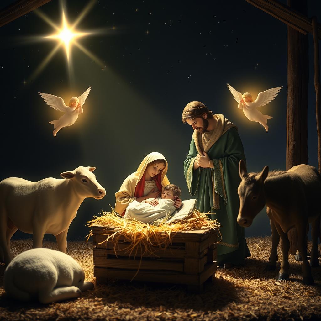 A serene nativity scene depicting the birth of Jesus, set in a rustic manger surrounded by soft, glowing light